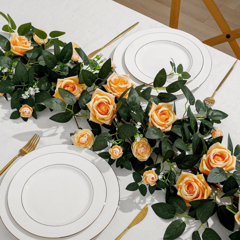 2 Pack 11.2 Ft Artificial Flower Garland with Champagne Roses, Realistic Fake...