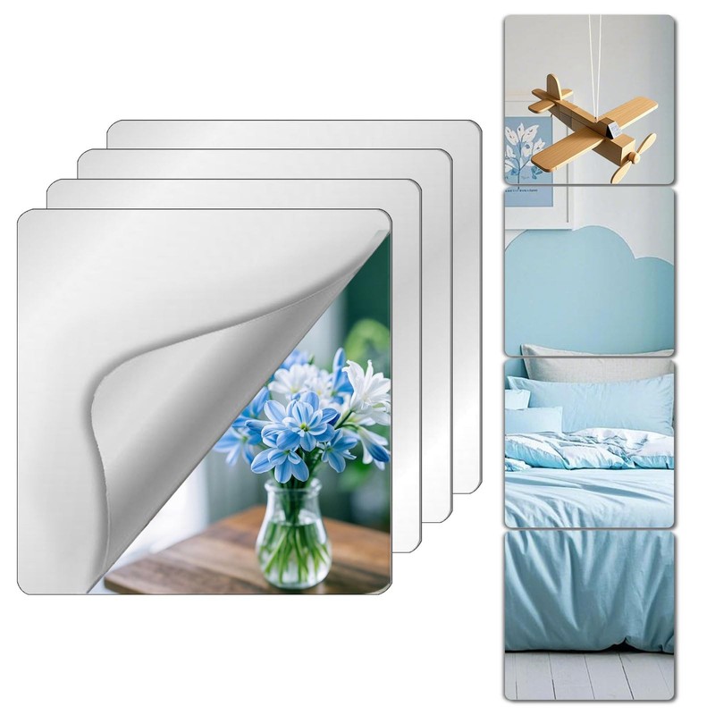 Unbreakable Mirror Tiles, 4PCS 10”x10” Peel And Stick 4pcs-10×10 inch, Silver