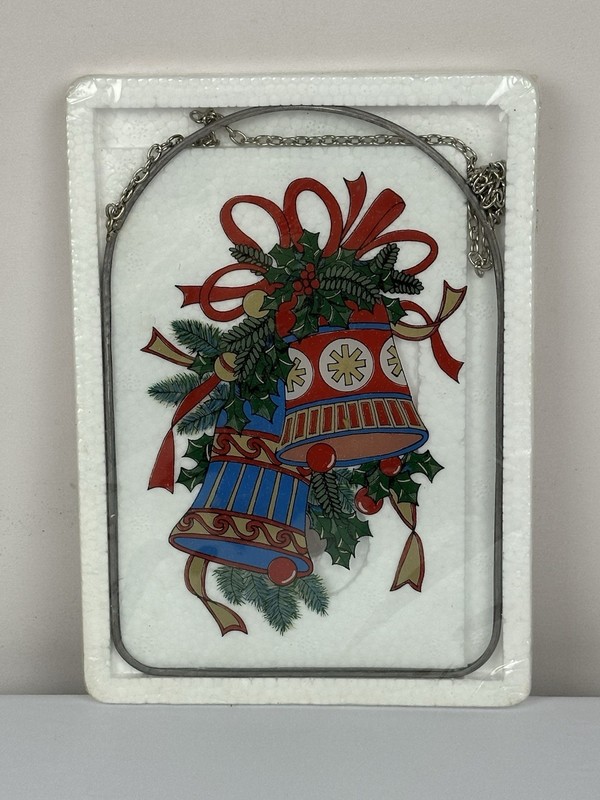 Vintage Christmas Window Sun Catcher Bells Faux Stained Glass Acrylic NOS
