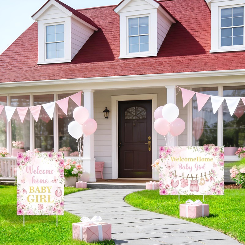 2Pcs Welcome Home Baby Girl Yard Sign Decorations, Pink Floral Baby Shower Ya... gallery