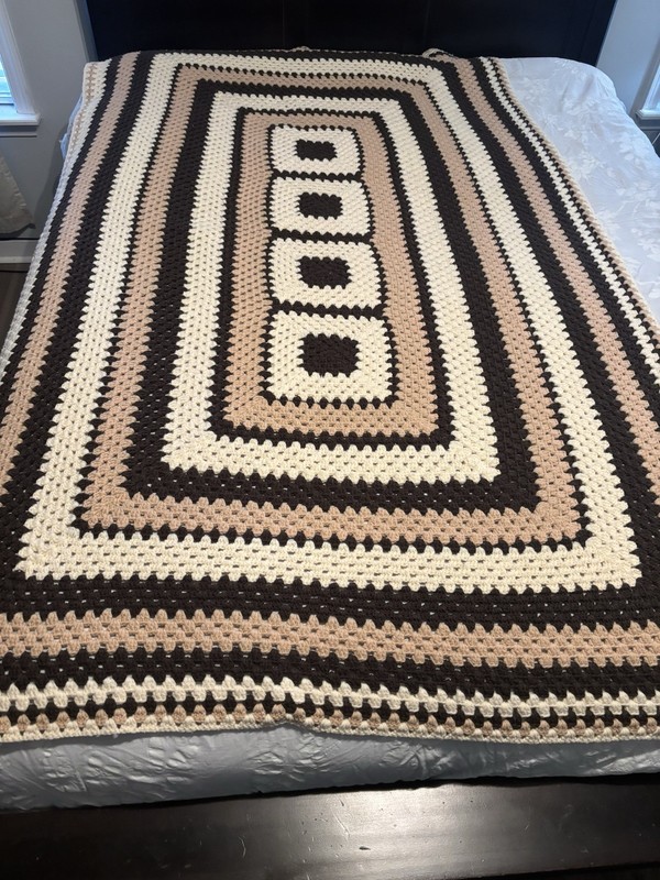 Handmade crochet ” Granny Square Beige, Brown, Ivory Open Weave 80″L x 48″ W