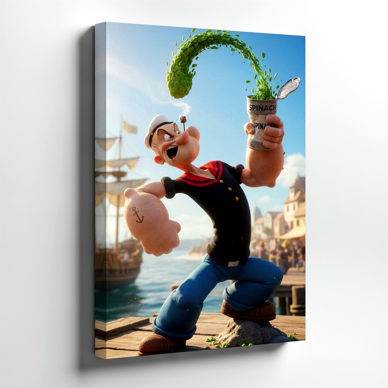 Wall Art Cartoon Sailor with Spinach Can Harbor Scene Colorful Character Print