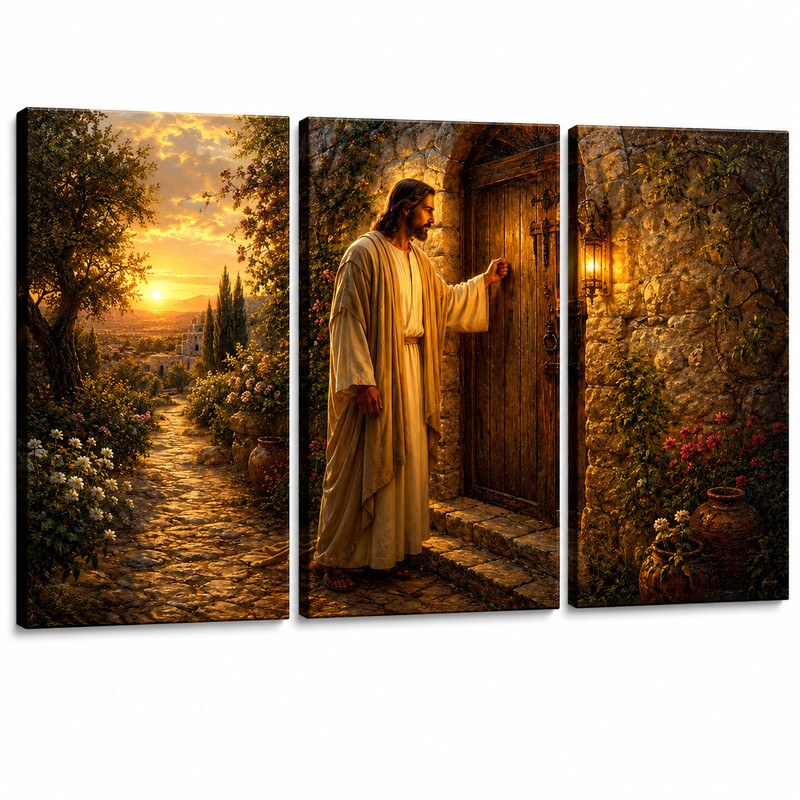 Jesus Knocking Door 3 Piece Canvas Wall Art Christian Religious Triptych Decor