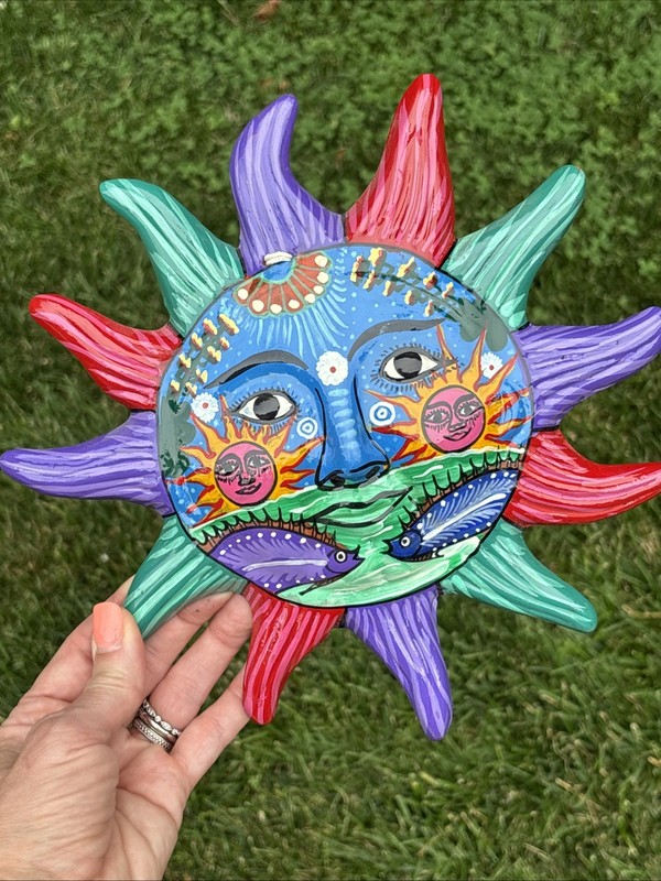 Sun Face Wall Art Hand Painted Mexican Talavera? 10″ Pottery Folk Art Celestial