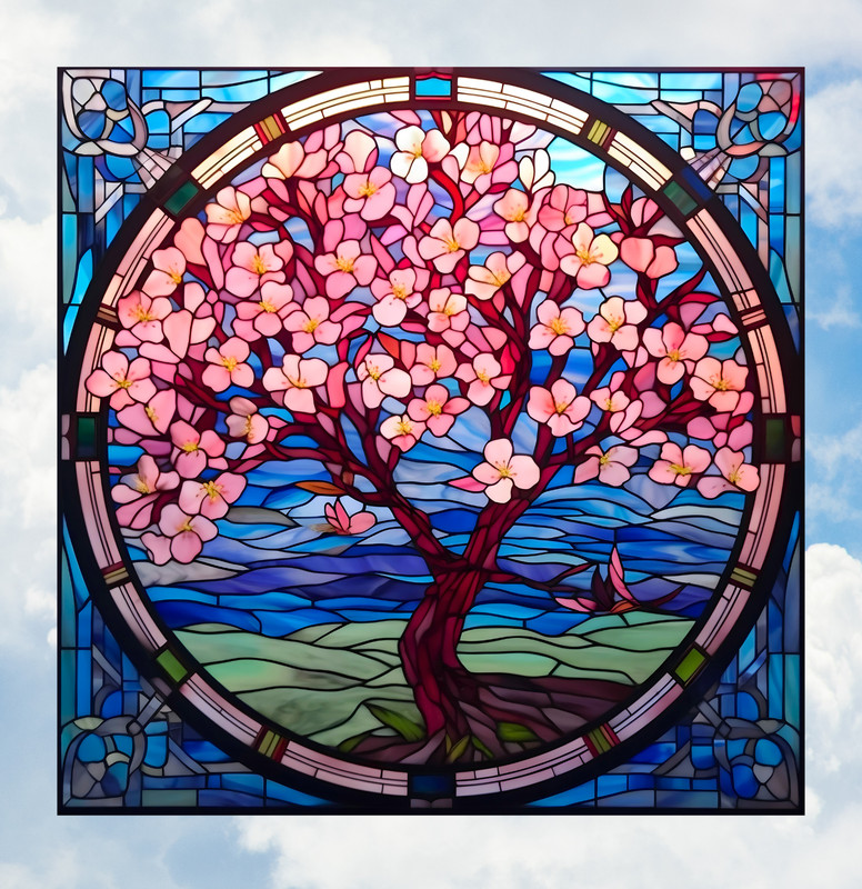 Cherry Blossom Tree Faux Stained-Glass WINDOW CLING Size 8″ Square Vinyl