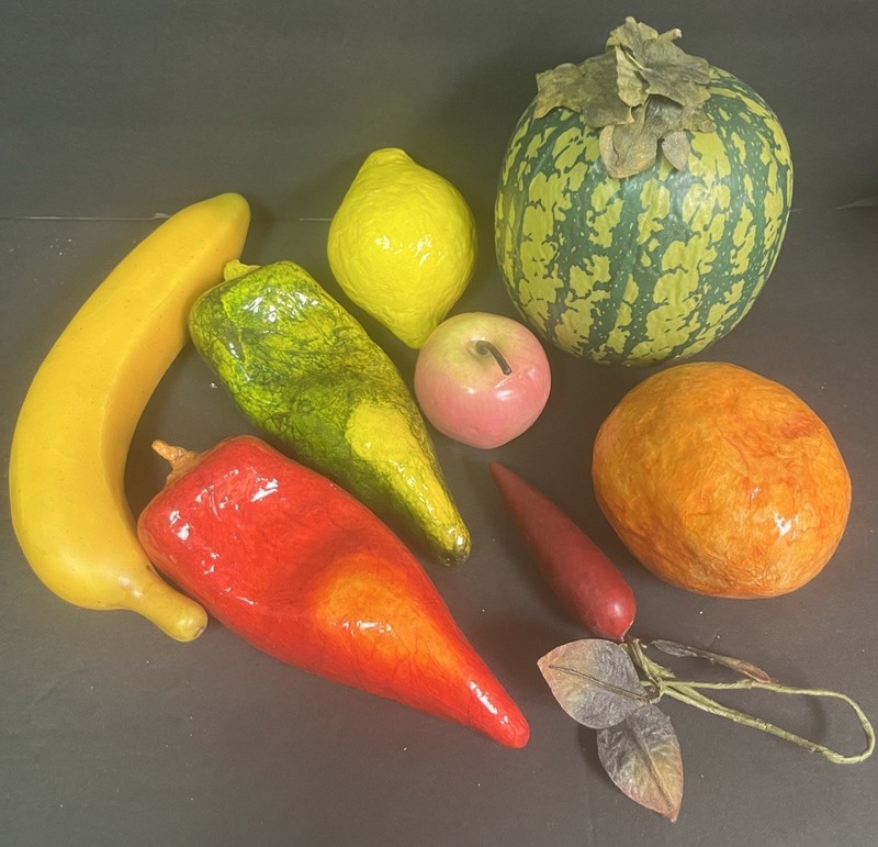 Paper Mache Vegetables and Fruits Lot 8 pieces Mexican Folk Art Colorful Glazed