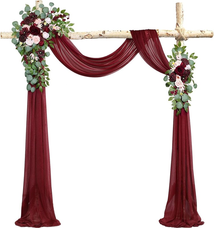 Ponatia Burgundy Wedding Artificial Arch Flowers Kit (Pack of 3) With 26Ft Shiny