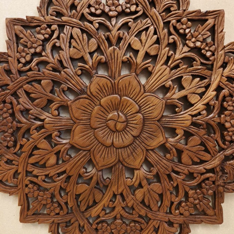 24" Round Teak Wood Wall Art Hand Carved Star Mandala Burnished Dark Brown RS006 gallery