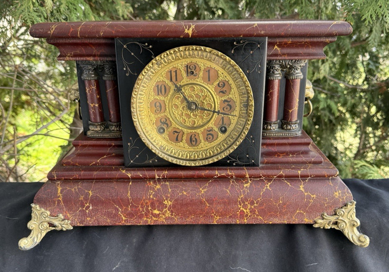Antique 1904 Gilbert BLACKBIRD Red Marbleized Finish Mantle Clock – SEE VIDEO