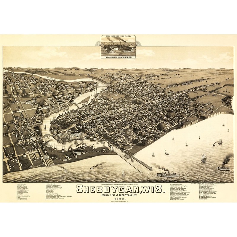 Historic Panoramic View – Sheboygan Wisconsin – Wellge 1885 – Vintage Wall Art