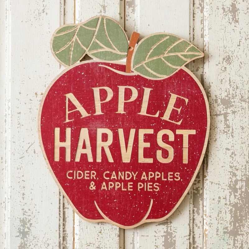 New Primitive Farmhouse Fall RED APPLE SHAPED HARVEST SIGN Wall Hanging 20″