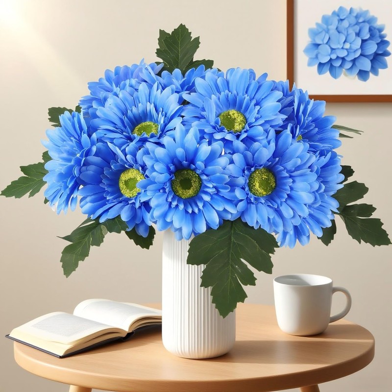 2 Bundles Artificial Gerbera Daisy Flowers 14 Heads Blue Fake Daisy with Stem... gallery