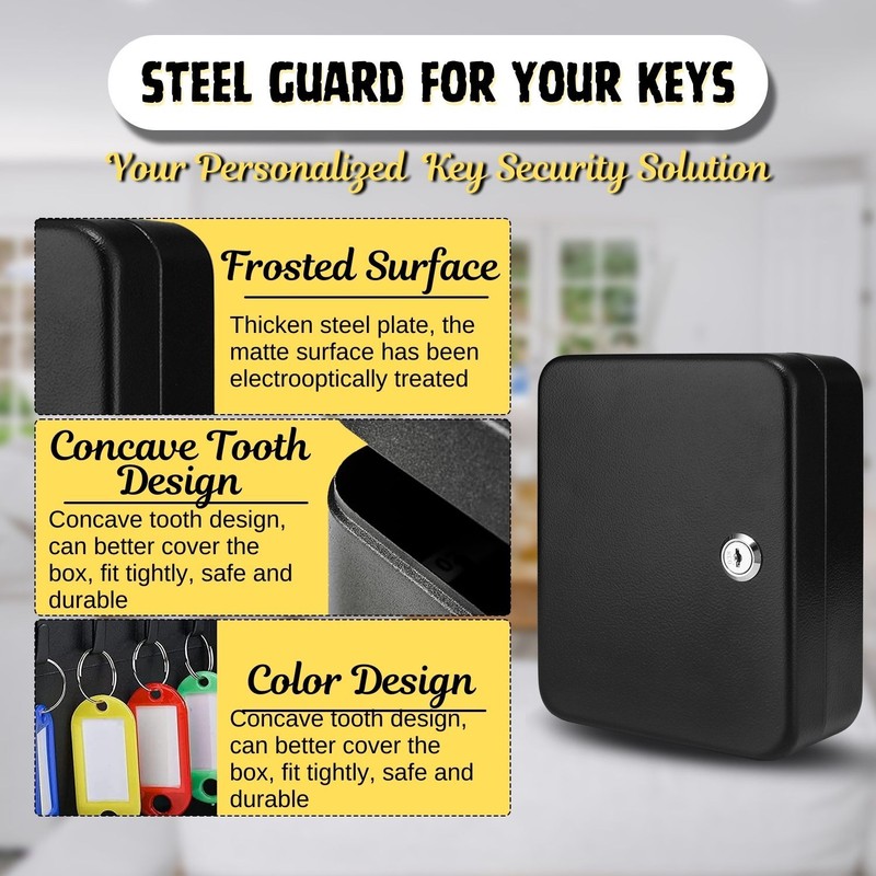 Key Cabinet Steel Lock Box with 40 capacity Colored key Tags & Hooks - (Black) gallery
