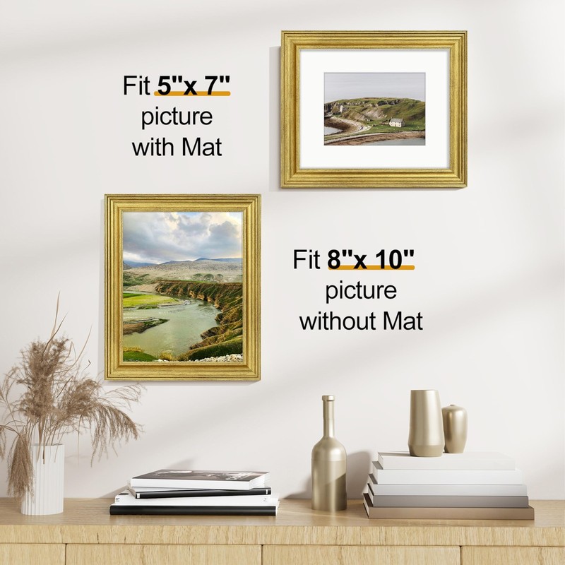 8x10 Picture Frames 2 Rustic Gold Polystyrene Ornate Display 5x7 with Mat for Wa gallery