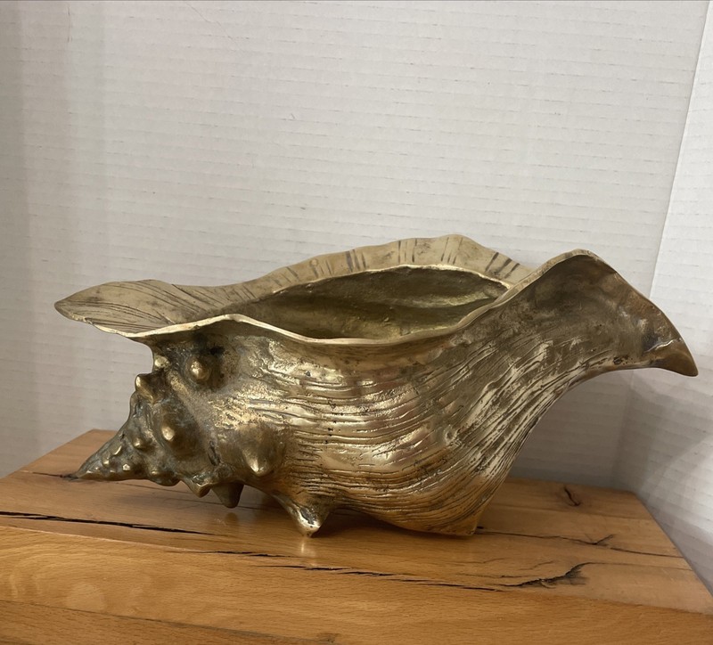 VTG Solid Brass Conch Seashell Vase Planter Home Decor Large 12”MCM