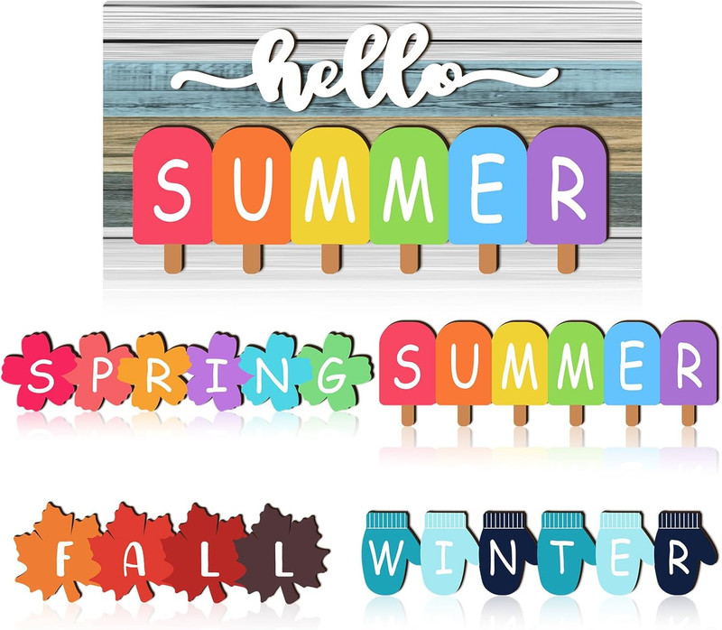 5 Pcs Hello Summer Interchangeable Sign Seasonal Sign Fall Winter Spring Tiered