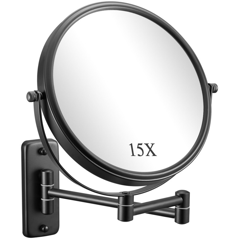 8 Black Wall Mounted Makeup Mirror, 1X/15X Double Sided, 360 Swivel Extend