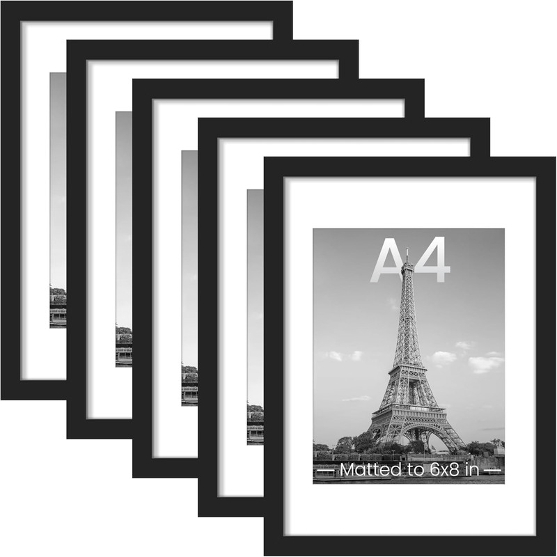 A4 Picture Frame Set of 5, Display Pictures 6×8 with Mat or 8.3×11.7 Without, Wa