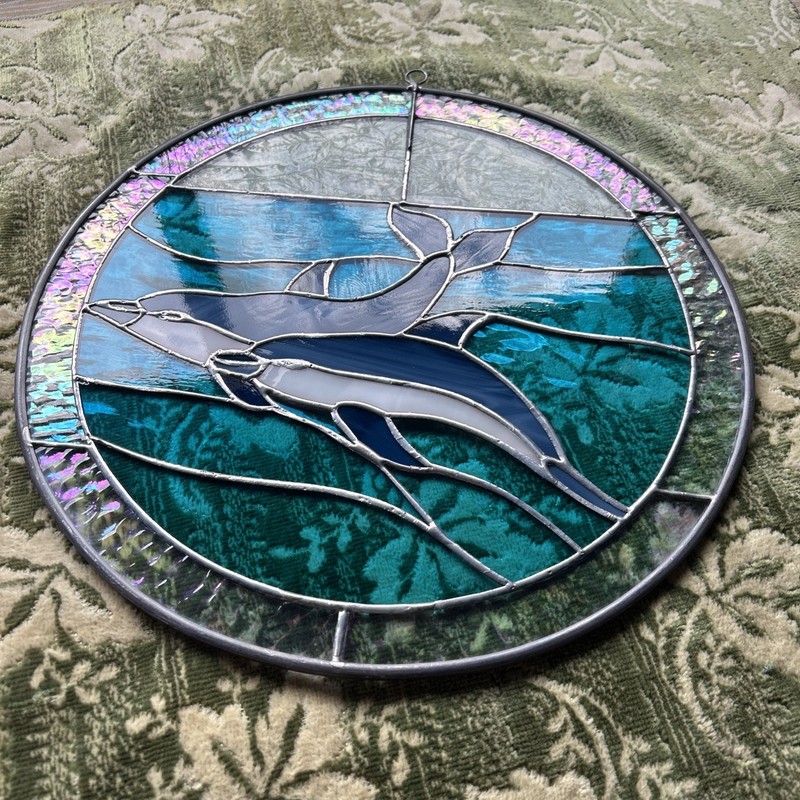 Stained Glass Dolphins Iridescent Blue Window Sun Catcher 13" Diameter gallery