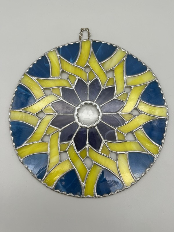 Handmade Stained Glass Blue Yellow Purple Flower Round Mandala Design Suncatcher gallery