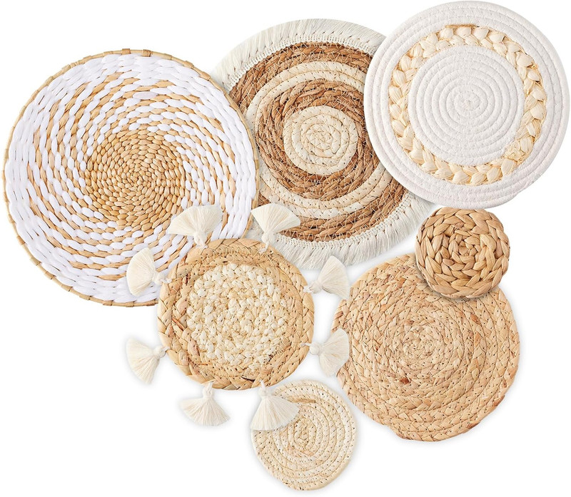 7 Pack Boho Wall Basket Decor – Seagrass Rattan Wicker Wall Decor round Handmade
