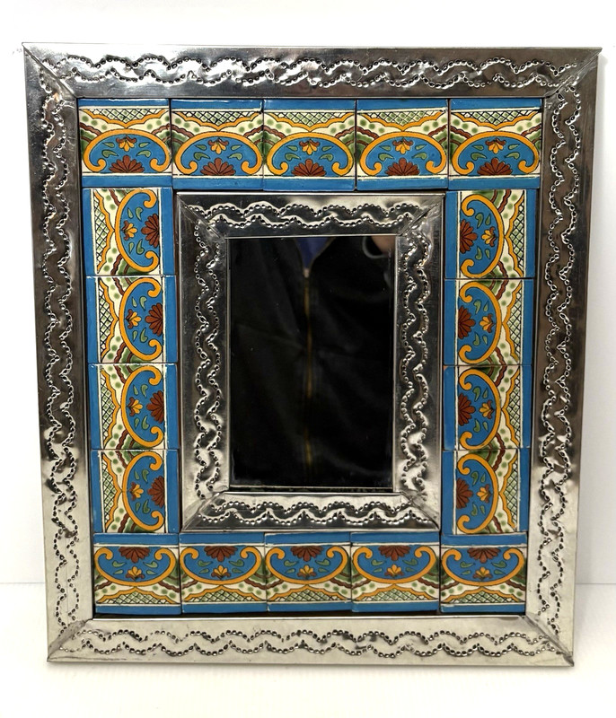 Vtg 14″ Mexican Folk Art Punched Tin Wall Mirror w/18 Talavera Tiles