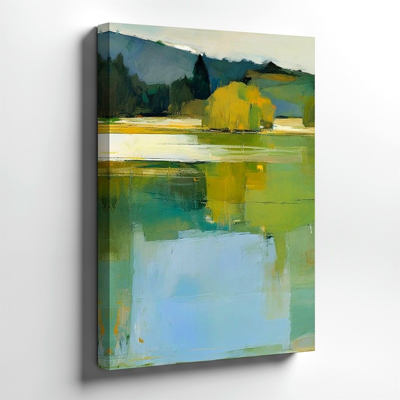 Wall Art Abstract Landscape Lake Painting Green Yellow Trees Reflection Decor