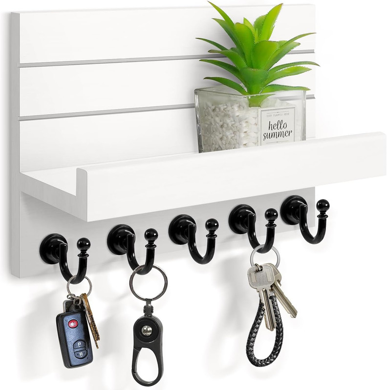 Wall Key Holder Mail Organizer 5 Hooks Wooden Entryway Rack White