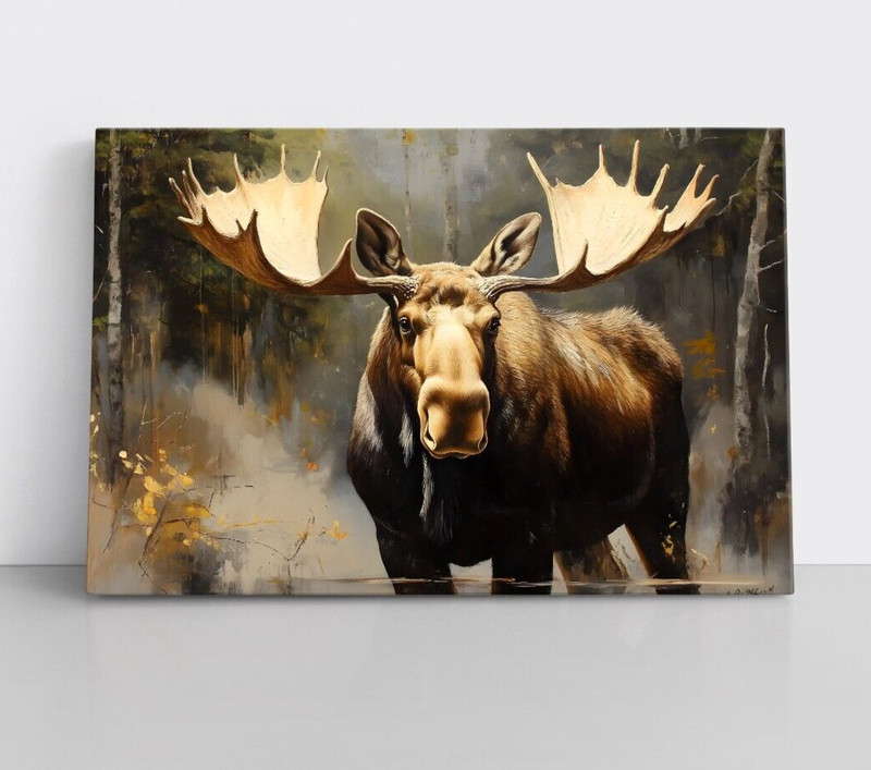 Moose Painting Print Framed Canvas Wall Art Wildlife Animals Modern Rustic Cabin