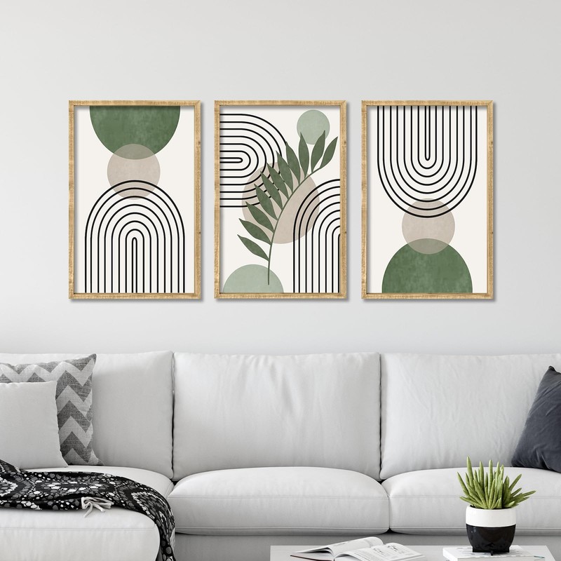 Sage Green Boho Wall Art Decor 16″x11″ Set of 3 Minimalist Geometric Line Lea…