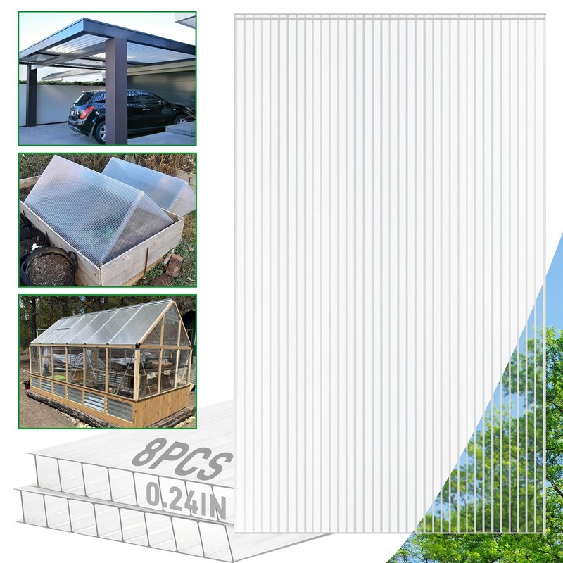 8 Pack Polycarbonate Greenhouse Panels, 8′ x 4′ x 0.24” Twin-Wall Polycarbon…