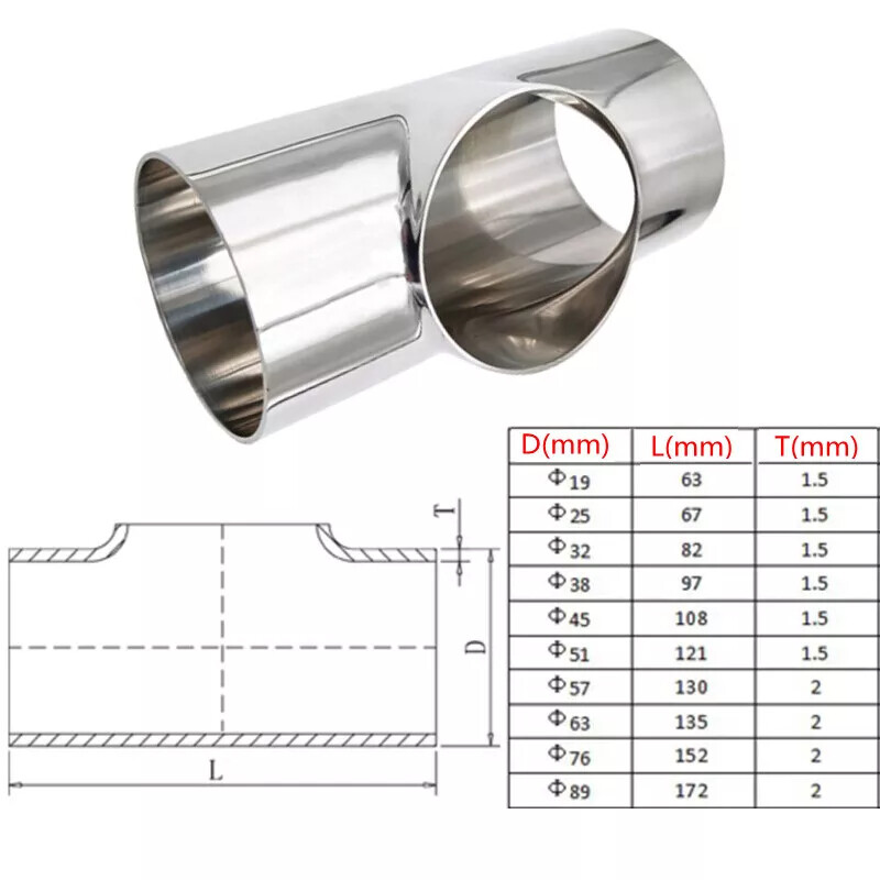 304 Stainless Steel Equal Tee T Shape Pipe T-Piece Exhaust Tube Polished 38-89mm