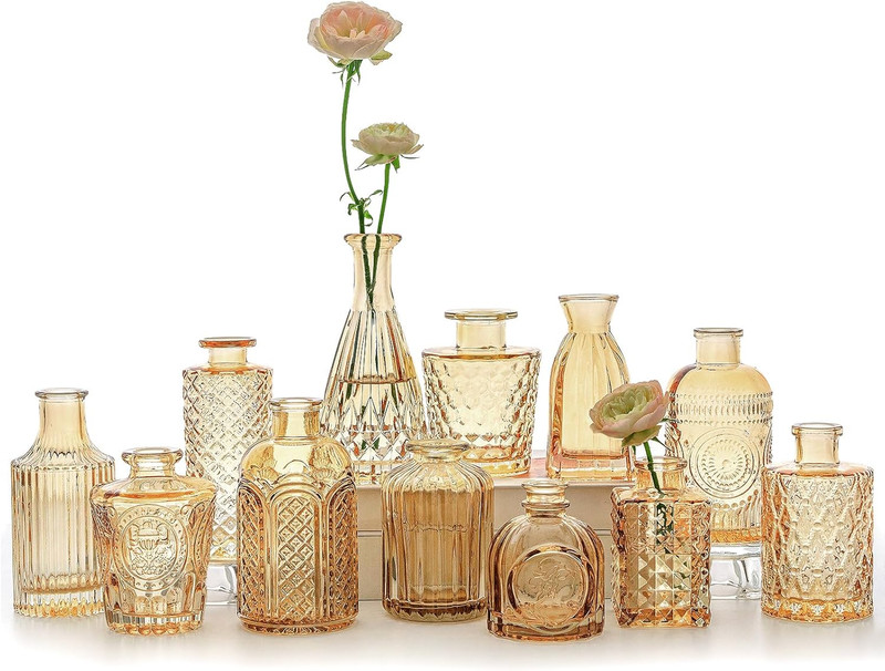 12pcs Glass Bud Vase Set, Small Gold Amber Flower Vases for Centerpieces in Bulk