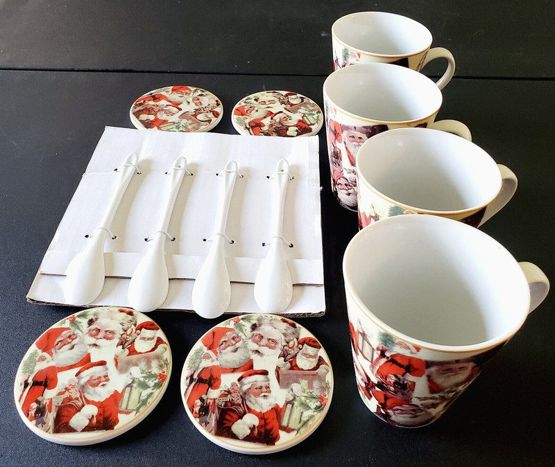 Living Quarters Santa Decoupage Design Holiday 12 pc Set of Spoons Mugs Coasters