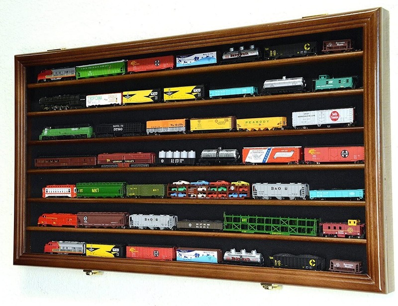 Train Display Case N Scale 7 Shelves Walnut Cabinet Railroad Car Locomotive Rack