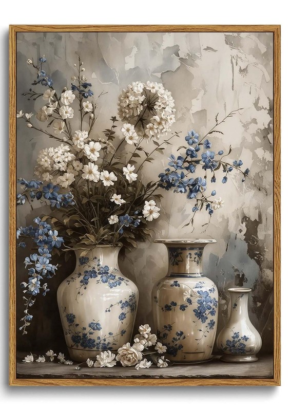 Framed Farmhouse Floral Canvas Wall Art,Vintage Blue and White Wall Art Flowe…