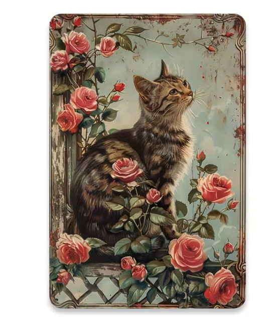 Unique Rustic French Country Vintage Kitten Cat Spring Metal Tin Sign 8 x 12 gallery