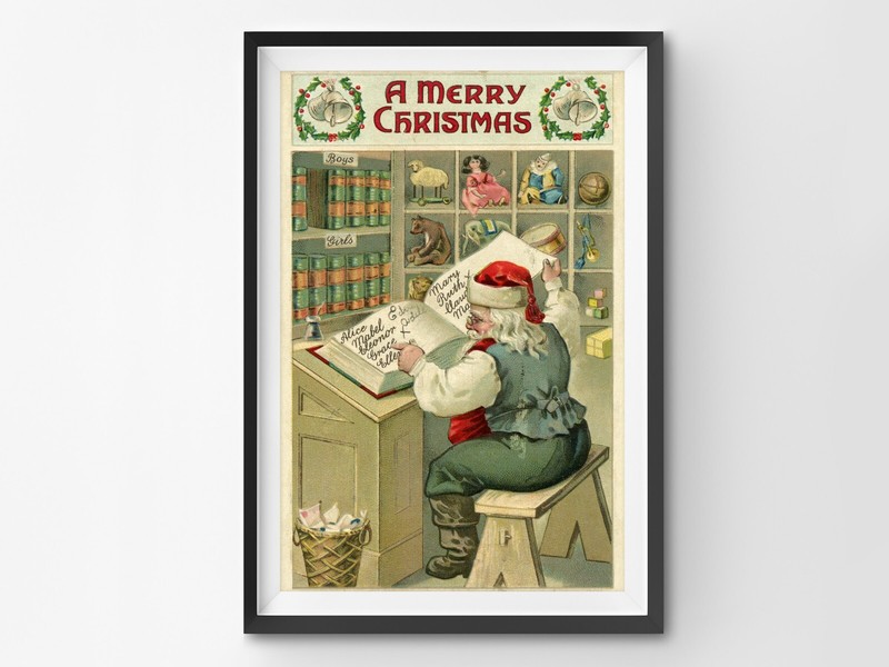 1909 Christmas Postcard POSTER! (up to 24″ x 36″) – Santa Claus – Workshop