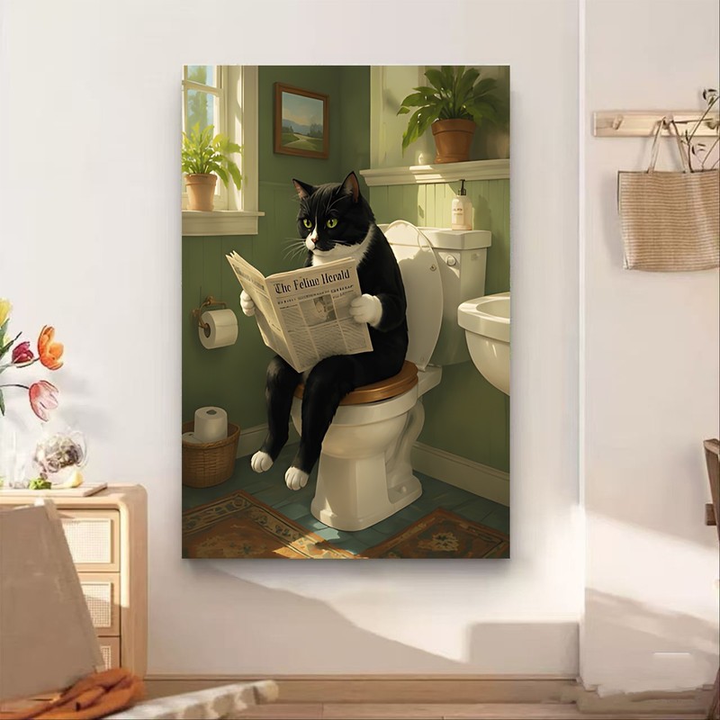 Funny Tuxedo Cat Reading Newspaper on Toilet Canvas Wall Art gallery