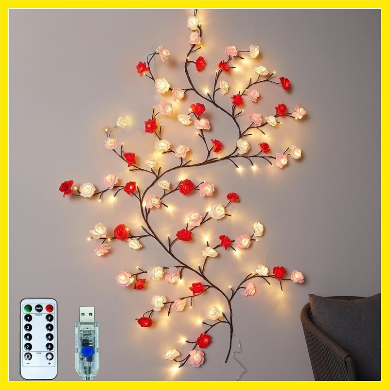 Rose LED Tree Branch Lights for Wall, Rose Flower Willow Vine Twig Decor Garl…