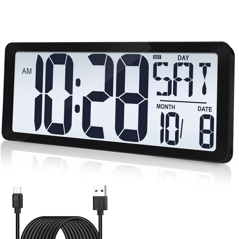 15" Large Digital LCD Wall Clock Rechargeable Backlight Glow in the Dark 80cm