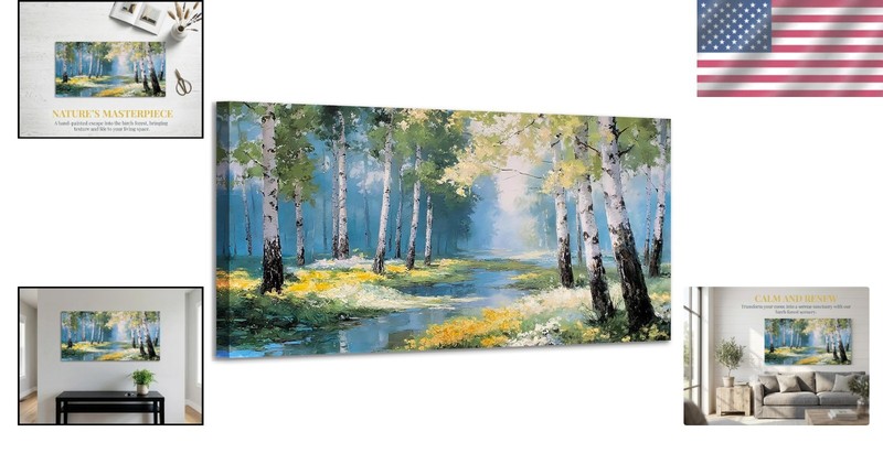 Art Deco Birch Forest Stream Canvas Painting, 40x20 for Living Room Elegance gallery