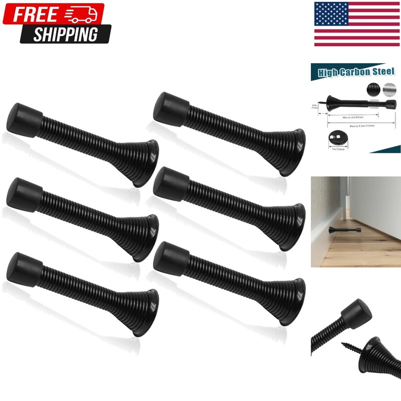 6 Pack Spring Long Door Stopper 3-4 Inch Black Door Stops, Stainless Steel, W…