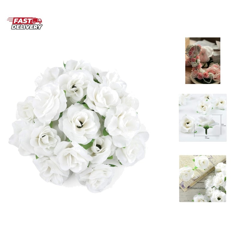 50pcs Mini White Roses Artificial Flowers Bulk, 1.6″ Small Silk Fake Roses Fl…