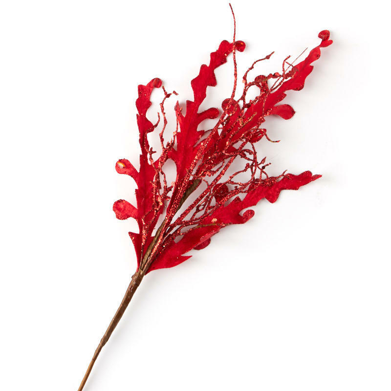 Red Glitter and Velvet Leaf and Twig Picks | 4 Floral Spray