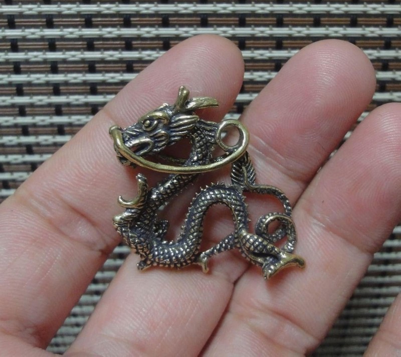 Vintage Style Solid Brass Cute Zodiac Dragon Statue FengShui Pendant Metal Ornam