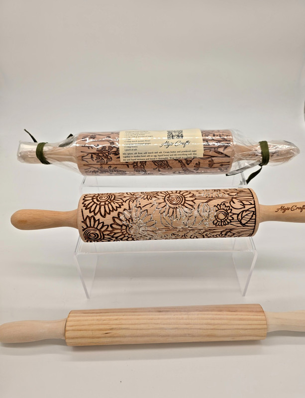 Set of 3 Wooden Rolling Pins – 1 Embossed Floral Algis Crafts + 2 Plain – Baking