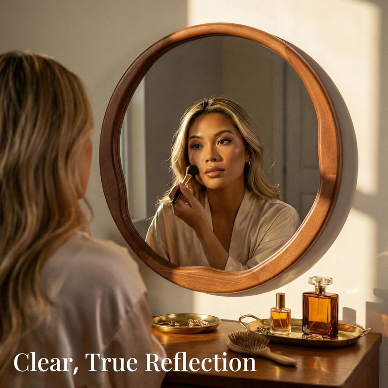 24" Walnut Round Mirror, Retro Mid-Century Solid Wood Frame with Wavy Inner Edge gallery