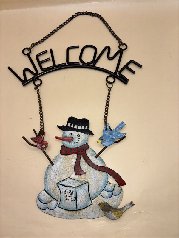 Metal Winter Welcome Sign Hanging with Snowman & Birds