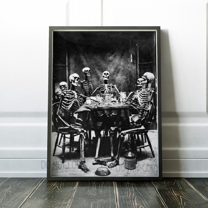 Skeletons Smoking and Drinking Gothic Macabre Dinner 1865 Premium Art Print